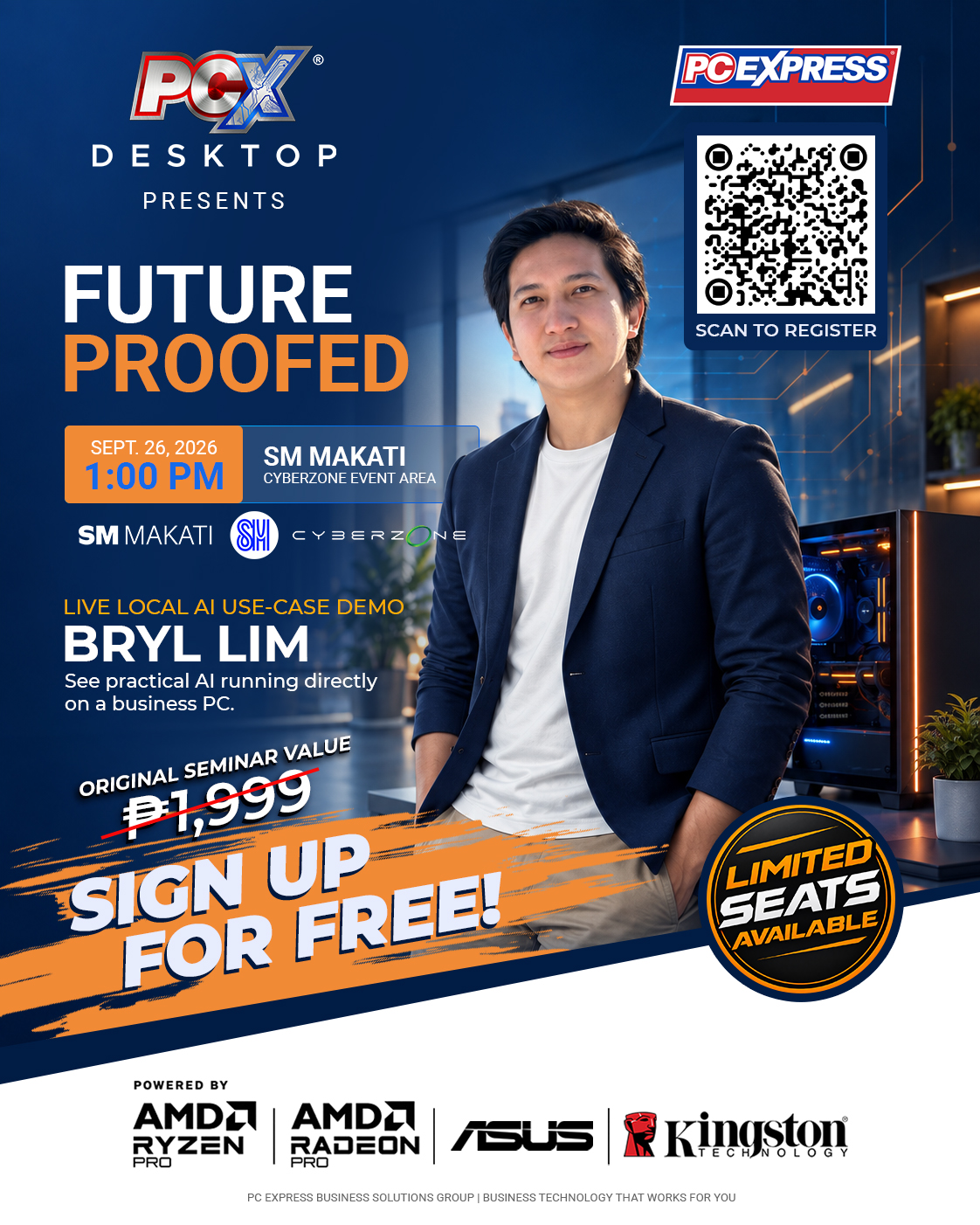 Official Future-Proofed event poster with date, time, venue, registration QR code, and Bryl Lim
